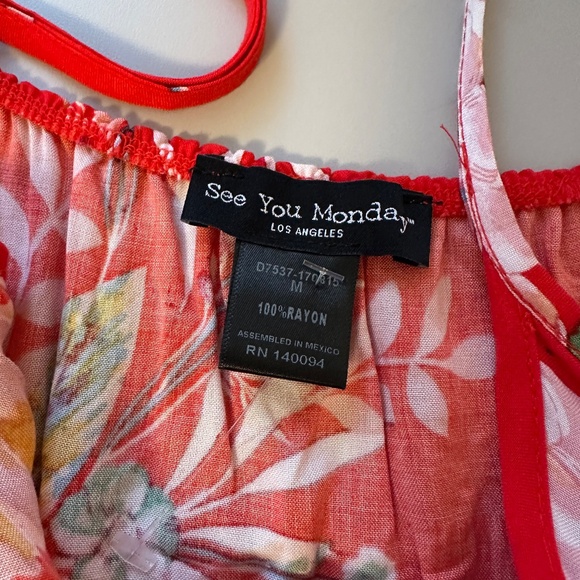 See You Monday Red Tropical Print Maxi Dress with Waist Tie | Size Medium - Picture 8 of 8